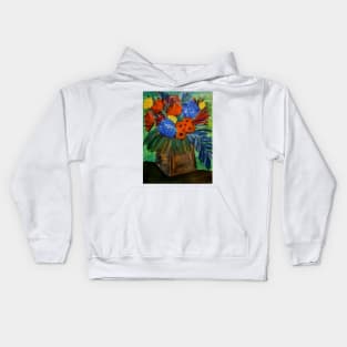 abstract flowers and roses in a metallic gold and blue blend vase Kids Hoodie